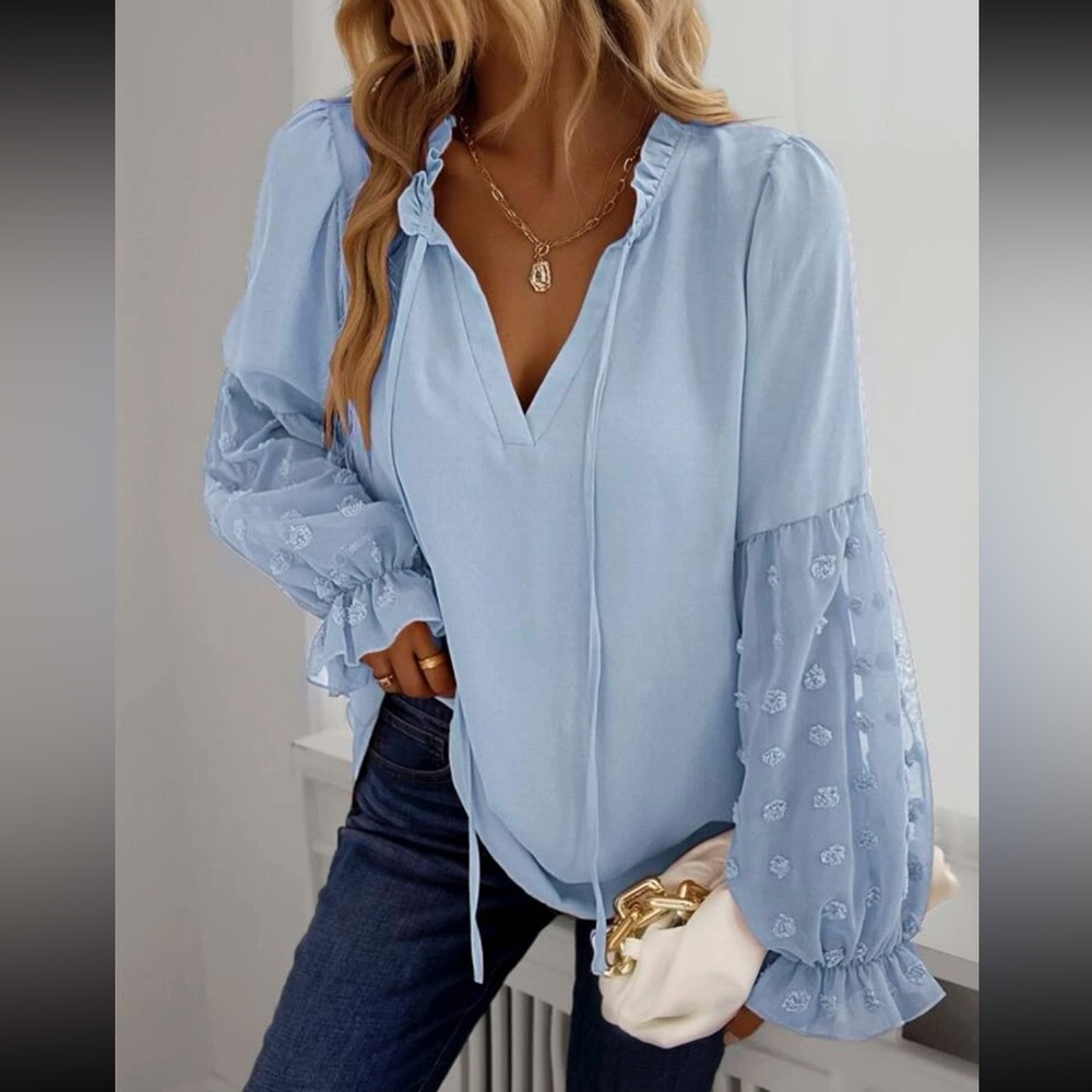 Boho  Swiss dot sleeve tie neck blouse - Picture 2 of 13